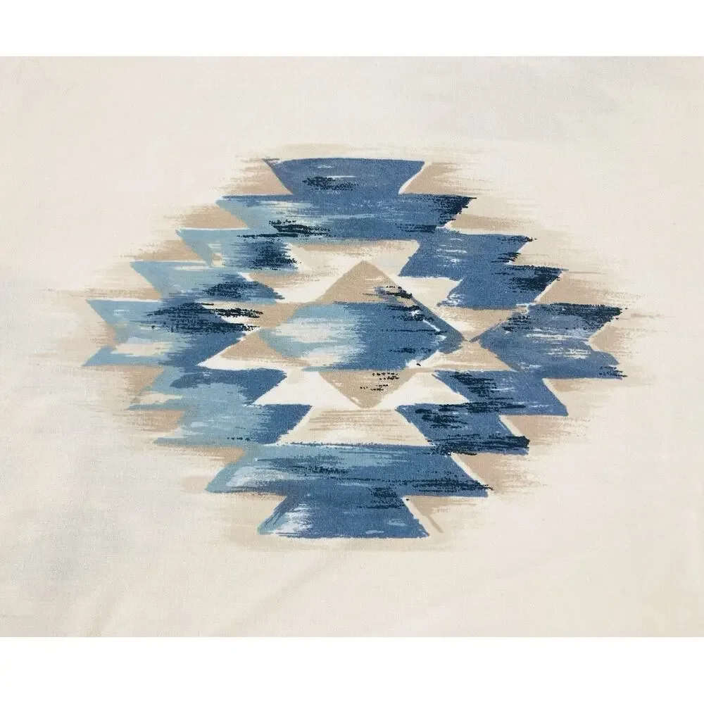 Vintage Springs USA Twin Sheet Flat Blue Southwest Aztec Crafting Fabric Ecru Cr